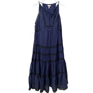 REBECCA TAYLOR Sundress Size 6 Navy Blue Midi Dress Tiered Boho Crochet Flowy